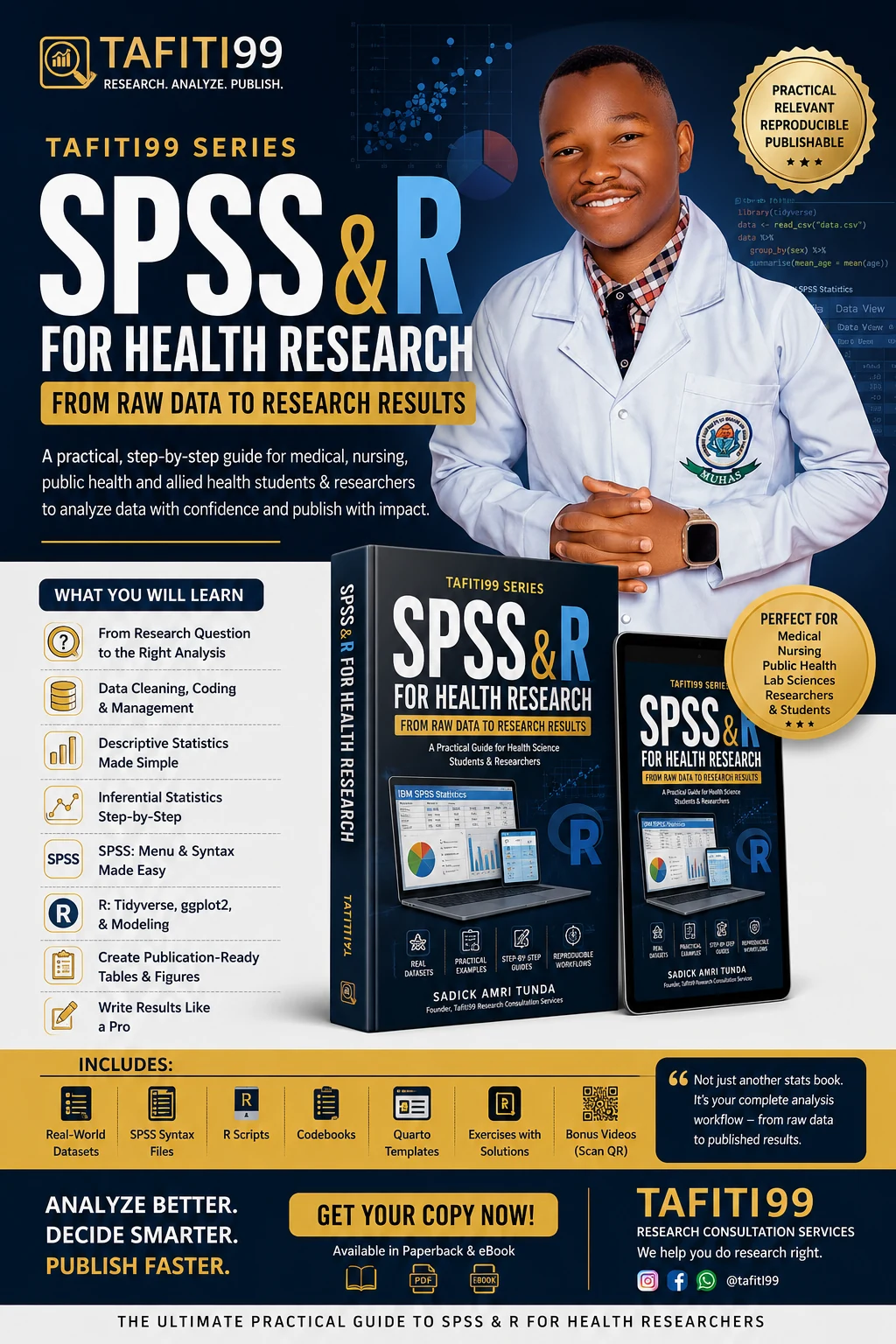 Tafiti99 Series promotional artwork for SPSS & R for Health Research by Sadick Amri Tunda